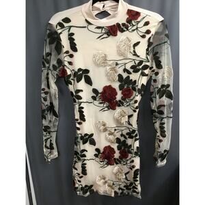 K.Jen Dress Women's Large White Floral Embroidered Backless Long Sleeve Preppy